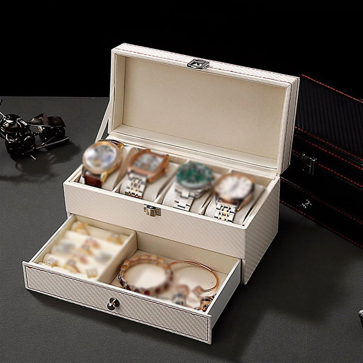 2 Tier Watch and Jewelry Storage Box, Luxury Watch Case with Jewelry Drawer, Jewelry Box with Watch Holders, Multi Compartment Watch and Accessories Organizer