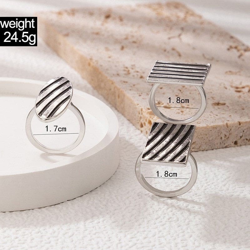 Set Of 3 Geometric Striped Ring, Striped Metal Accent Ring, Silver Black Big Chunky Midi Ring For Women Jewellery