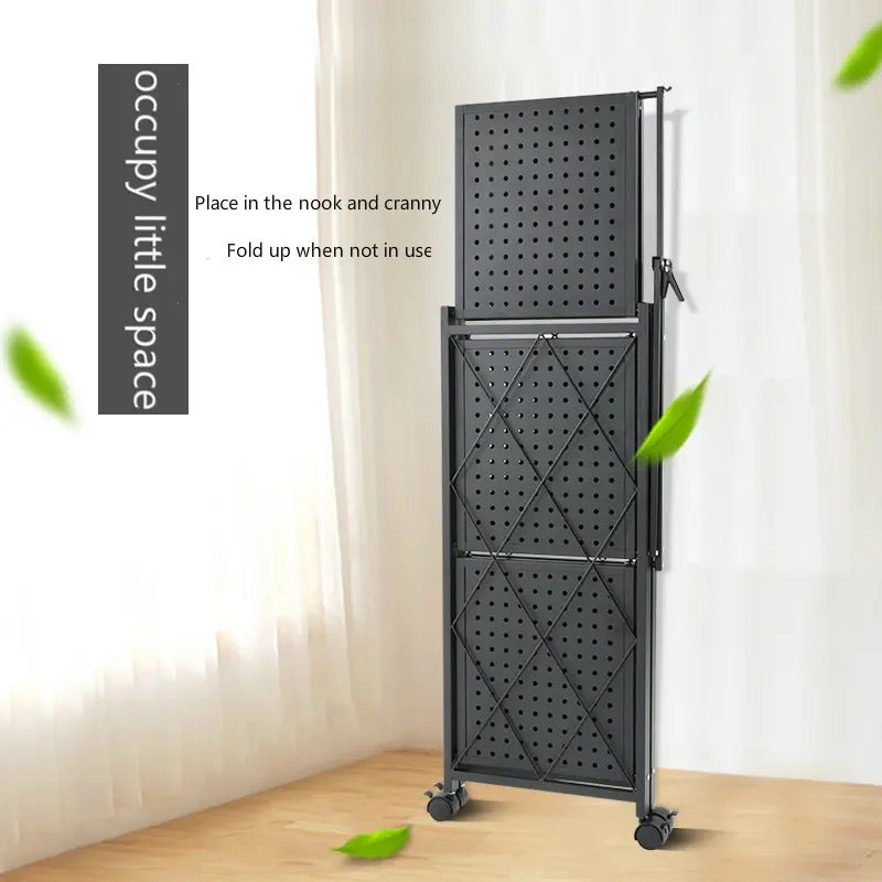 Multi Layer Folding Kitchen Rack, Kitchen Metal Folding Shelves With Wheels, Household Sundries Finishing Balcony Floor Storage Rack, Multi Level Folding Shelves with Wheels, Multifunctional 3 Tier Storage Cart