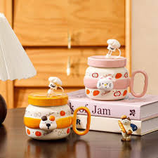 Cute Animal Ceramic Mug With Lid, Cartons coffee Cup (1 Pc)