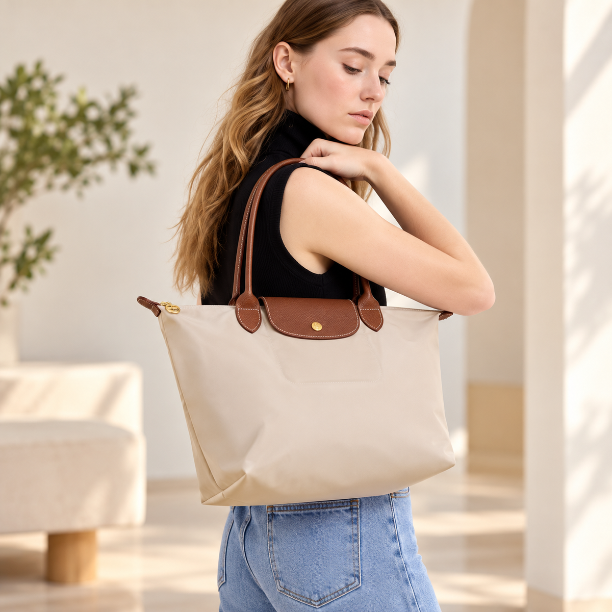 Nylon Tote Bag with Leather Handles, Everyday Shoulder Tote Bag, Large Capacity Tote Bag, Women’s Lightweight Travel Tote Bag