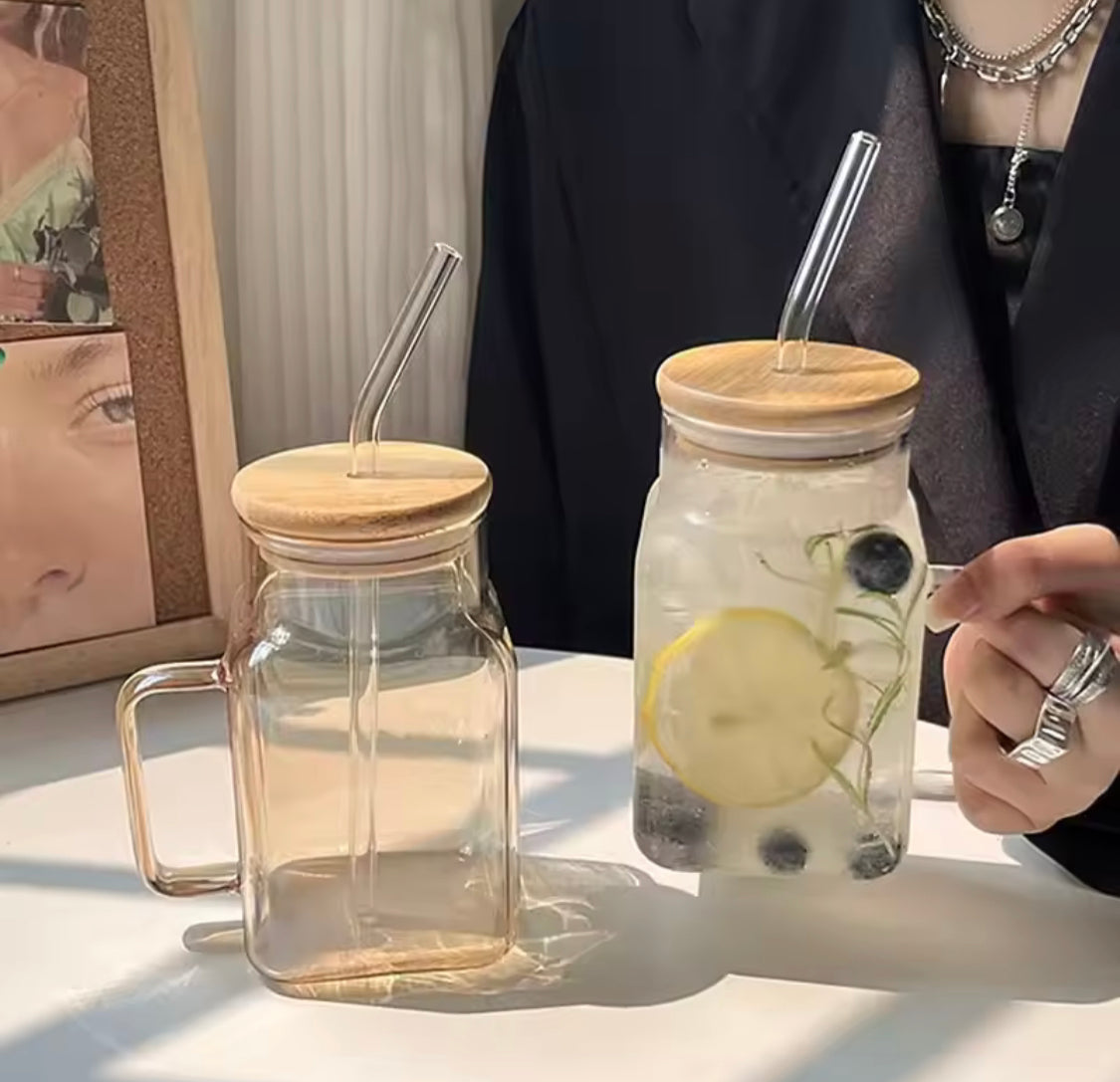 600ml Glass Straw Cup With Handle, Reusable Iced Coffee Mug, Aesthetics Smoothie Cups, Glass Water Tumbler