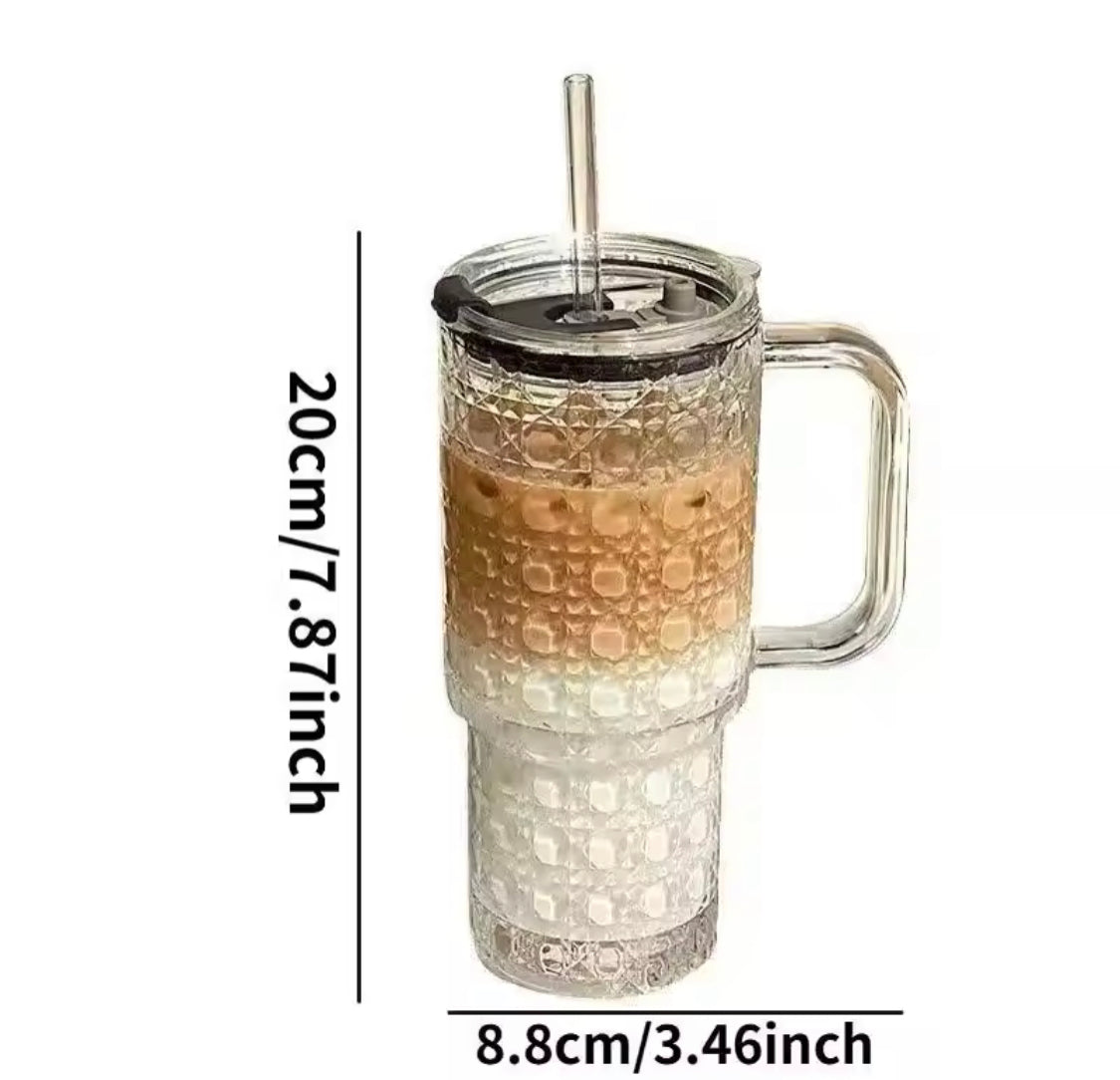 Durable Transparent Glass Water Cup With Handle, Diamond Pattern Glass Drinking Cup, Portable Large Capacity Glass Straw Cup
