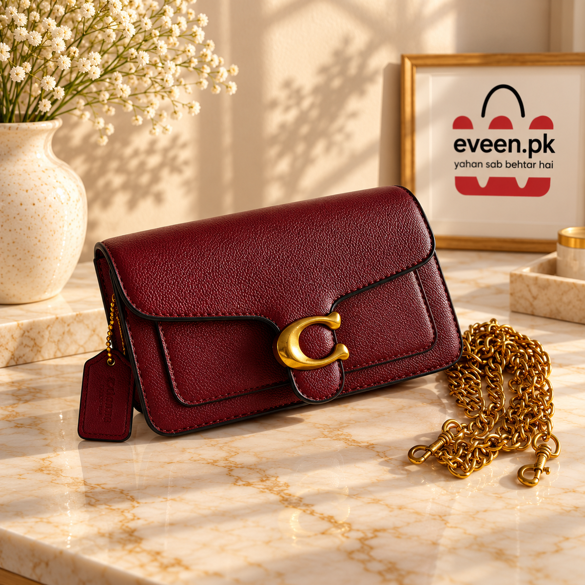 Leather Textured C Clasp Shoulder Bag With Chain