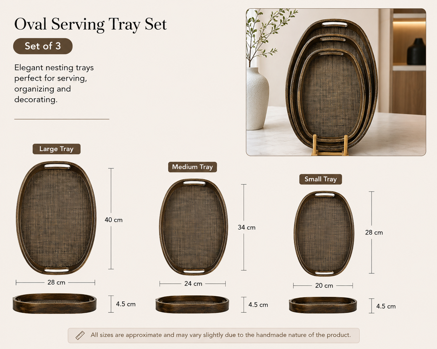 3pcs Classic Wooden Serving Tray Set, Handcrafted Style Woven Tray Set, Elegant Wooden Breakfast & Serving Trays