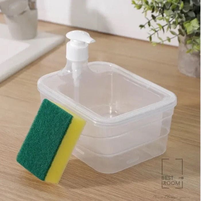 Press Cleaning Liquid Container, Soap Dispenser With Sponge Holder, Kitchen Liquid Dispenser Press Box, Press Soap Outlet Box Sponge Dispenser, 800ml Manual Sink Dish Washing Soap Dispenser, 2 in 1 Design For Kitchen