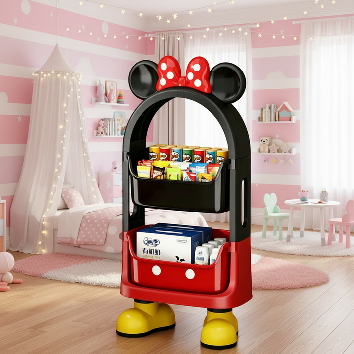 2 Tier Kids Disney Mickey Toy And Storage Trolley, Multi Purpose Kids Storage Cart with Wheels, Children Rolling Storage Organizer