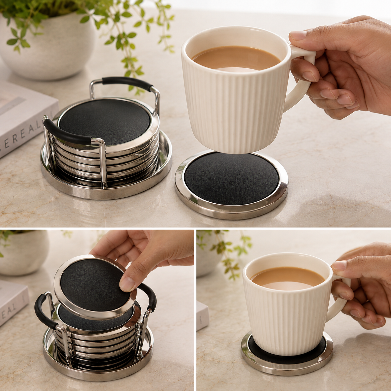 Stainless Steel Cup Coaster Set,
Elegant Round Beverage Coaster Set, Premium Metal Drink Coaster Set with Organizer Stand
