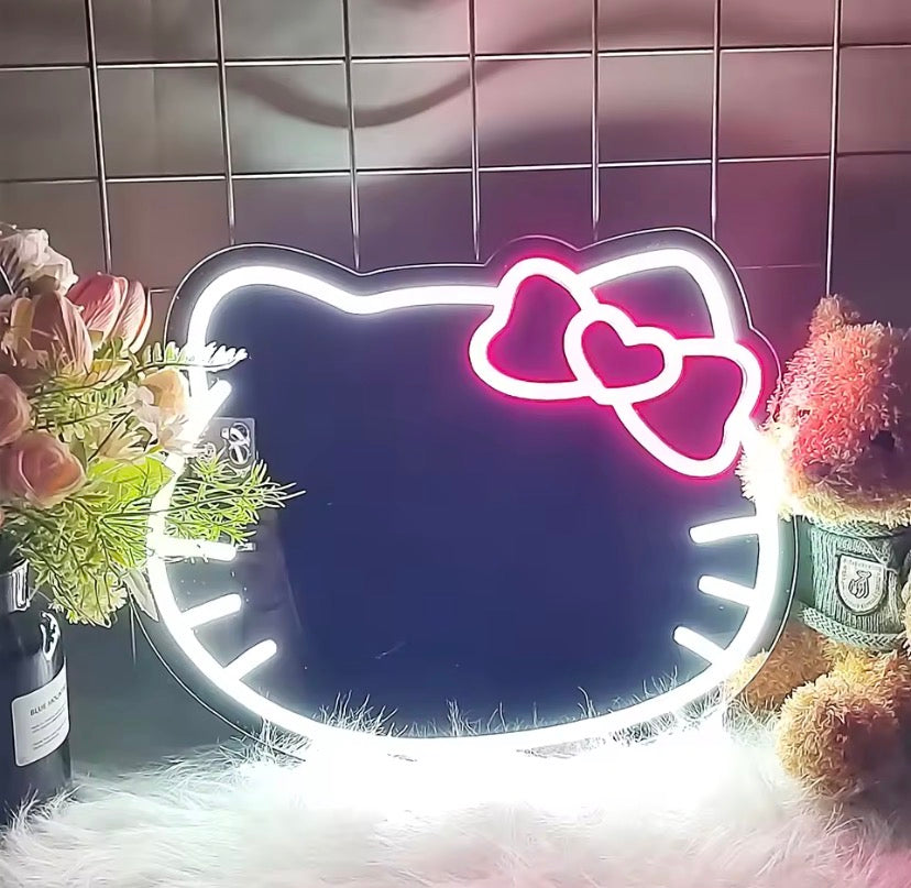 Hello Kitty Vanity Makeup Mirror with Soft Glow Light, Cute Kawaii LED Makeup Mirror, Decorative Hello Kitty LED Vanity Mirror, Kawaii Desktop LED Mirror with Cute Bow Design