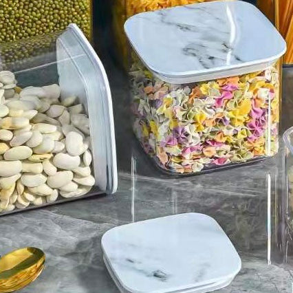 Marble Transparent Storage Jar, Kitchen Square Jar with Lid, Multigrain Tank Container for Cereal, Stackable Kitchen Bulk Sealed Cans, Airtight (500ml, 600ml, 800ml, 1200ml) Food Organizer