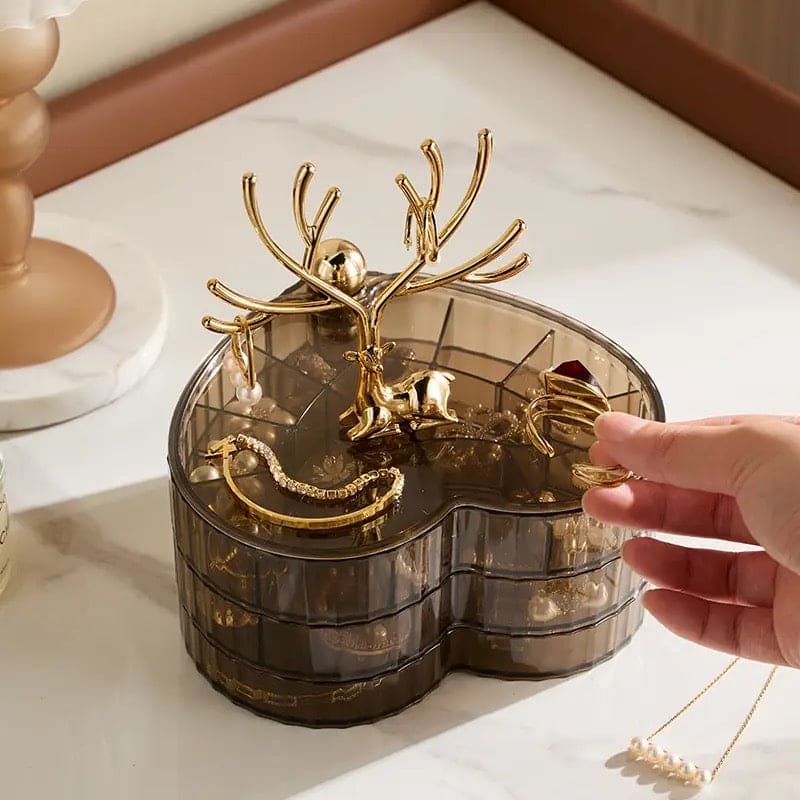 Little Deer Jewellery Organizer, 3 Layer Rotating Necklace Jewelry Box, Light Luxury Heart Desktop Sundries Makeup Organizer, Elegant Decorative Necklace Earrings Bracelet Container, Acrylic Jewelry Display Stand, Large Capacity Striped Box