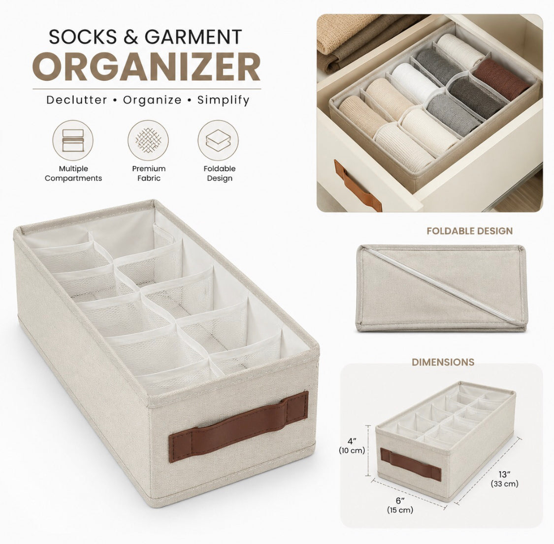 Foldable Closet Organizer Box, Multi Compartment Storage Organizer, Elegant Wardrobe Storage Box, Multi Slot Sock Storage Box