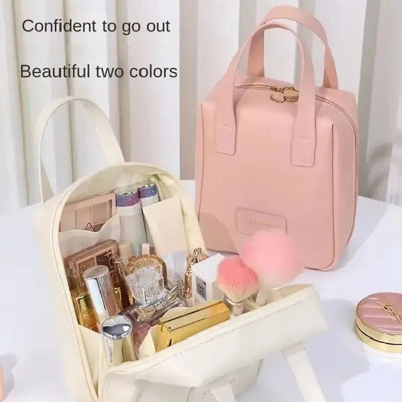 Shell Shape Cosmetic Bag, Large Capacity Handheld Cosmetic Bag, Multiple Compartments PU Travel Pouch, Waterproof Wash Kit Handbag, Fashionable Makeup Organizer with Handle, Stylish Double Zipper Travel Bag