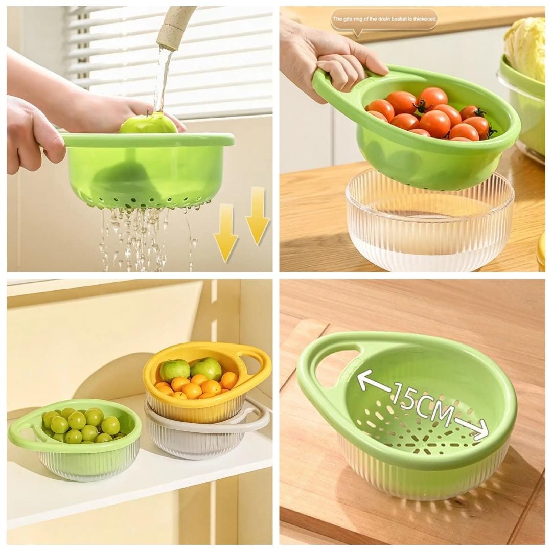 Plastic Kitchen Drain Basket, Double Layer Rice Wash Basket, Colander Set with Bowl Strainer