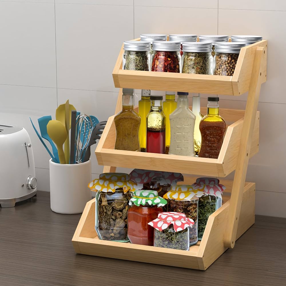 3 Tier Bamboo Fruit and Vegetable Organizer, Wooden Kitchen Storage Basket Stand, Wooden Fruit and Vegetable Display Stand, Countertop Fruit and Vegetable Holder