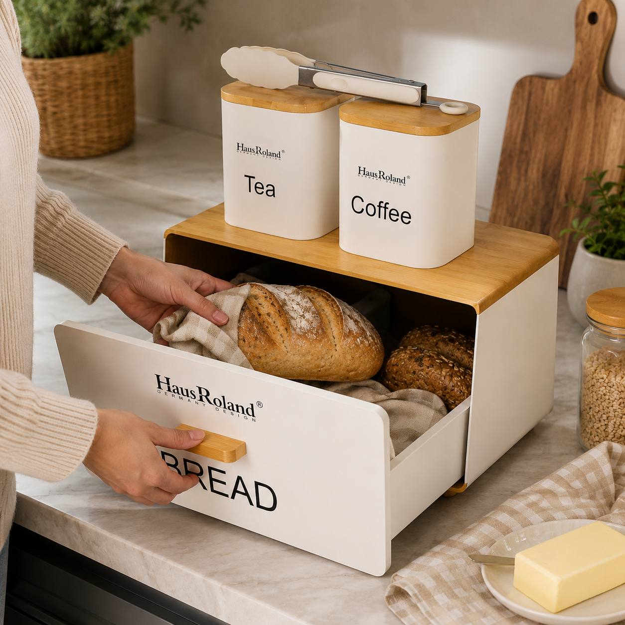Wooden Bread Box And Tea Coffee Storage Set, Multipurpose Bread Storage Canister Set, Kitchen Bread Box Storage Set, Kitchen Counter Bread Box Organizer