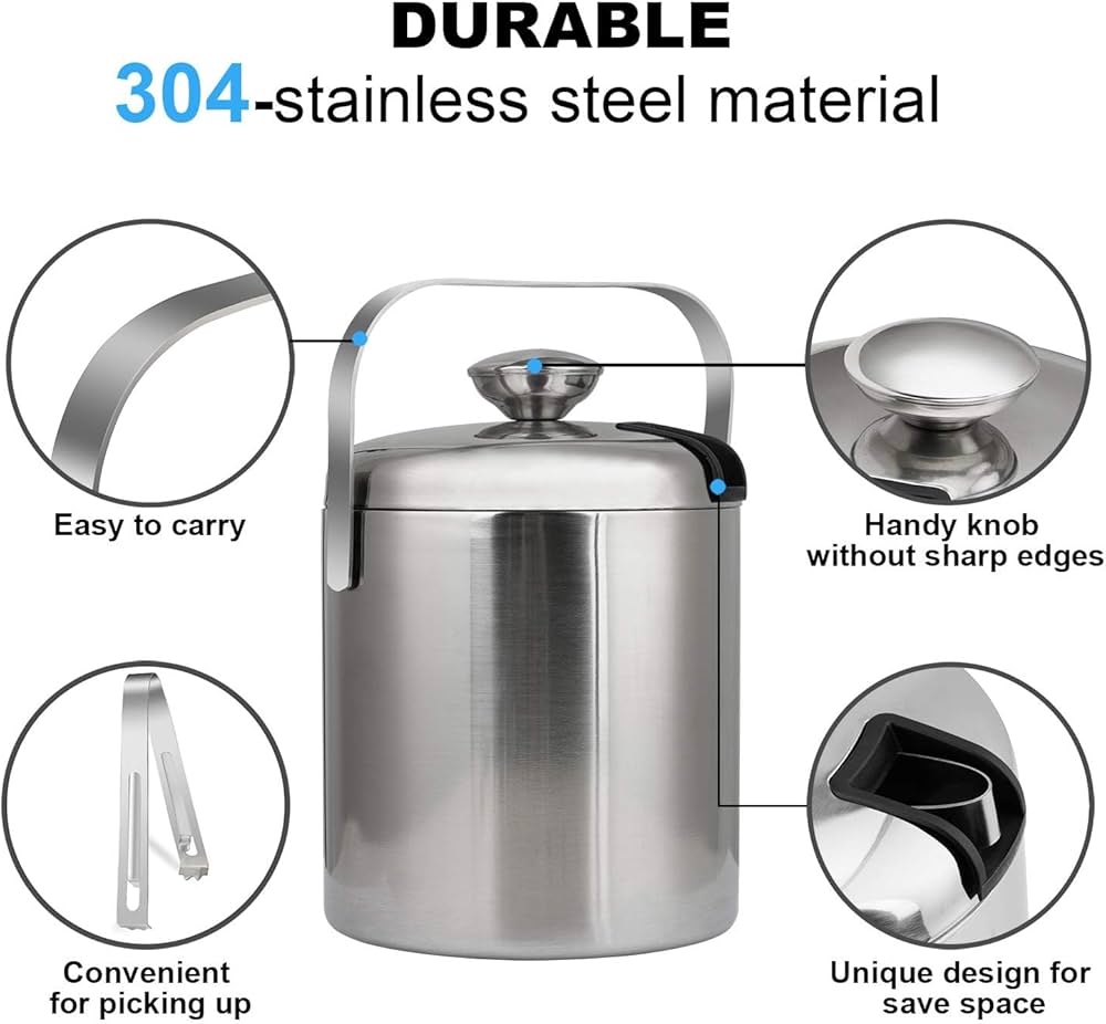 Stainless Steel Ice Buckets With Ice Tongs, Double Wall Ice Bucket with Lid, Ice Container