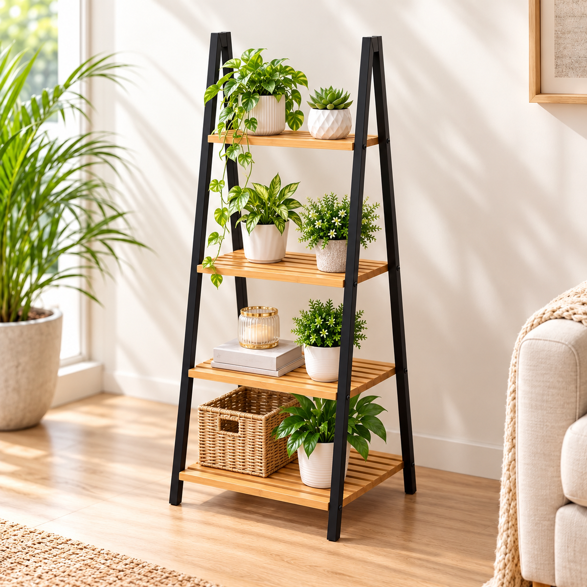 4 Tier Wooden Ladder Storage Shelf, Multi Tier Wooden Display Rack, Wooden Plant Storage Rack, Bamboo Books storage Rack