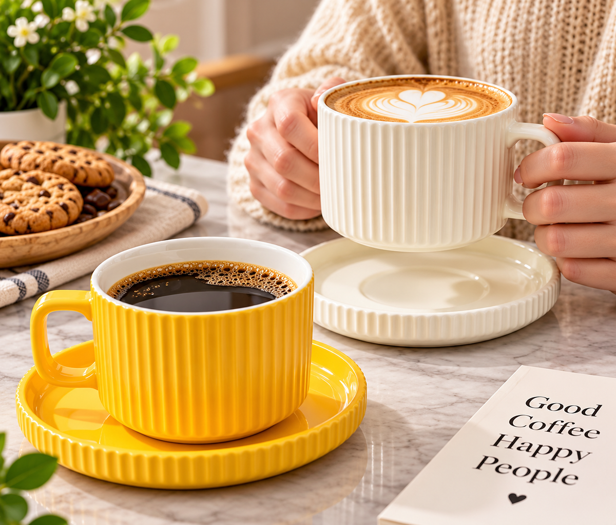 8pcs Ceramic Ribbed Coffee Cup With Saucer Set, Fluted Ceramic Mug with Matching Saucer, Vintage Fluted Cup And Saucer Set