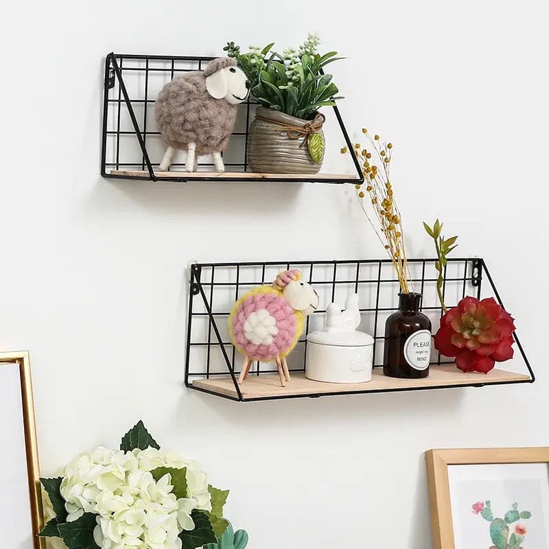 Set Of 2 Versatile Floating Wooden Shelf, Nordic Style Iron Wall Dormitory Stand, Multipurpose Home Organization Rack, Iron Kitchen Bathroom Shelf, Black Wire and Natural Wood Shelf, Home Decorative Hanging Grid Basket, Wall Art Shelve Flower Pot Stand