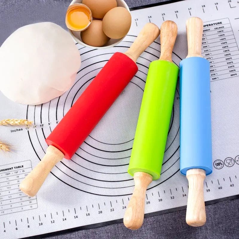 Silicone Dough Roller, Wooden Handle Dough Roller, Dumpling Skin Pressing Flour Stick Baking Tool, Kitchen Roti Belan, Non Stick Surface Baking Roller, Kitchen Cooking Accessories