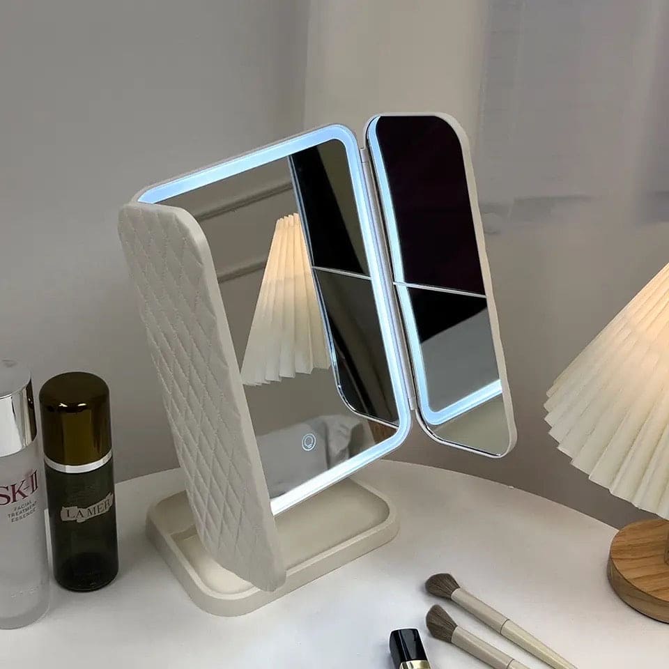 Trifold Makeup LED Mirror, Dorm Dressing Mirror Beauty Light, Smart Complementary Makeup Mirror, Tabletop Small Makeup Decorative Mirror Desk Led, Touch Screen Portable Table Cosmetic Mirror for Travel Cosmetic Office