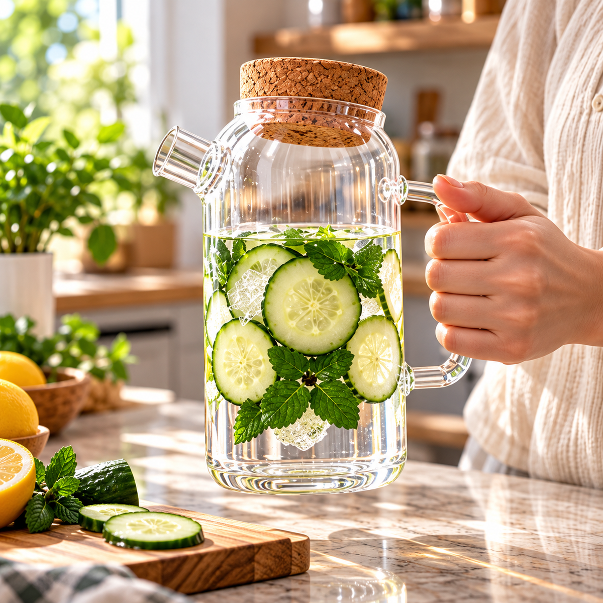 High Borosilicate Glass Water Jug with Cork Lid, Crystal Clear Glass Water Jug, Luxury Glass Juice & Water Pitcher