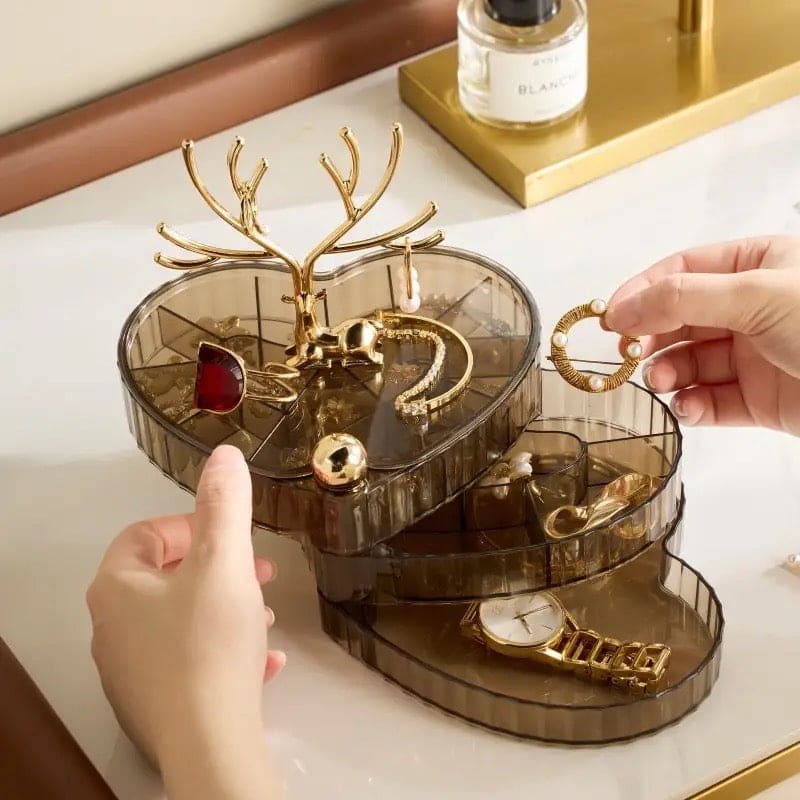 Little Deer Jewellery Organizer, 3 Layer Rotating Necklace Jewelry Box, Light Luxury Heart Desktop Sundries Makeup Organizer, Elegant Decorative Necklace Earrings Bracelet Container, Acrylic Jewelry Display Stand, Large Capacity Striped Box