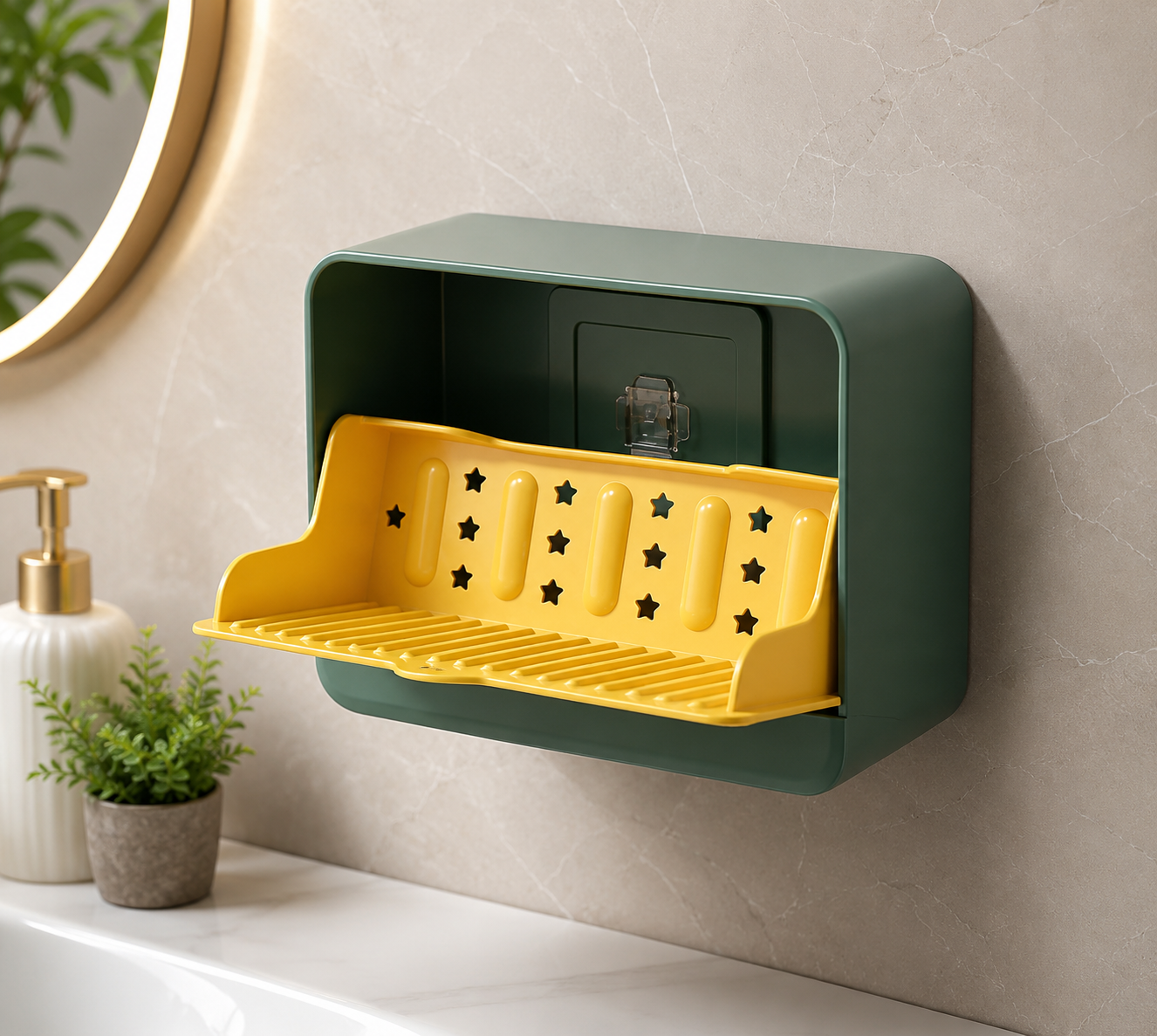 Wall Mounted Self Draining Soap Holder, Flip Cover Soap Holder with Drain Tray, Bathroom Soap Organizer with Drain Tray