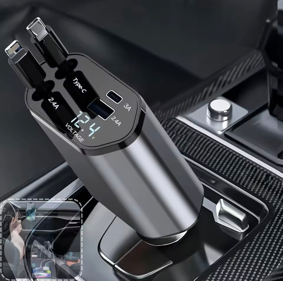 120W Retractable Car Charger, 4 in 1 USB Fast Charger, Type C/iPhone Cable Car Charger, 4 in 1 Power Adapter, 2 USB Ports Car Charger