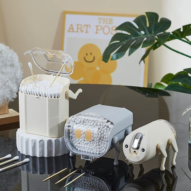 Mini Robot Style Cotton Swab Dispenser, Cotton Bud Storage Organizer, Mini Desktop Cotton Bud Dispenser
