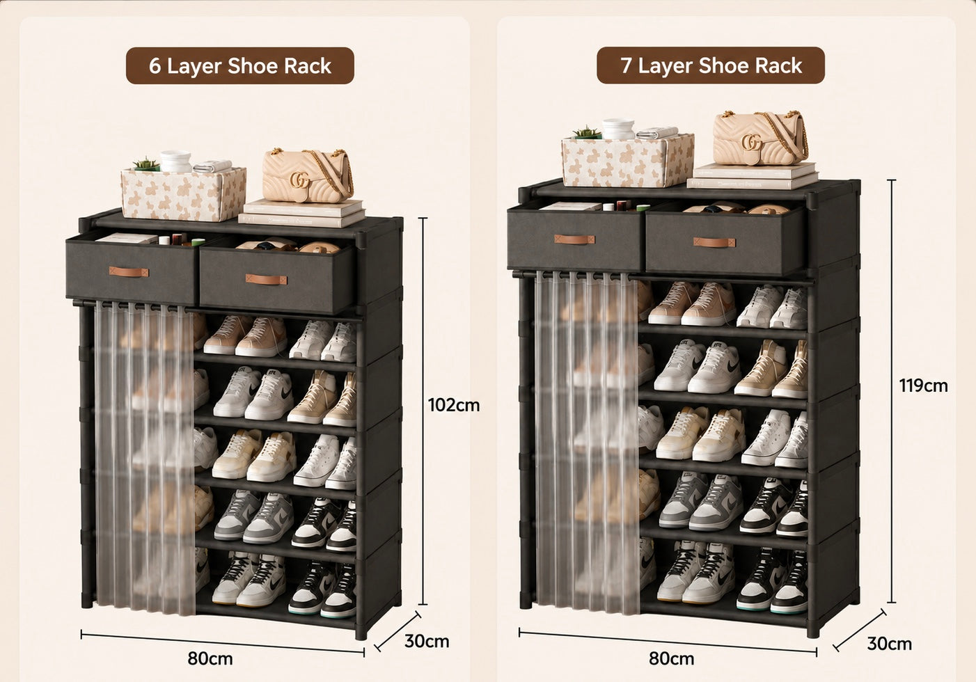 Dustproof Shoe Rack Organizer with Storage Drawers, Multi Layer Shoe Storage Rack with Sliding Dustproof Curtain, Shoe Cabinet with Fabric Drawers & Dust Cover