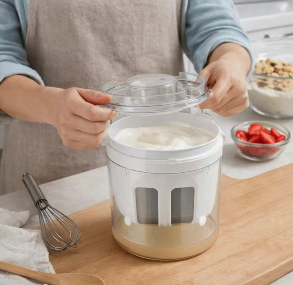 Round Shape Greek Yogurt Strainer Container, Reusable Greek Yogurt Maker, Fine Mesh Yogurt Draining Container with Storage Lid, Multi Purpose Yogurt Strainer Container