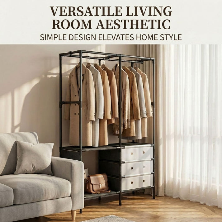 Dual Row Metal Multifunctional Clothes Rack, Homlly Entryway Coat Rack with Shoes Organizer, Bedroom Living Room Hanger, Living Room Clothes Storage Rack