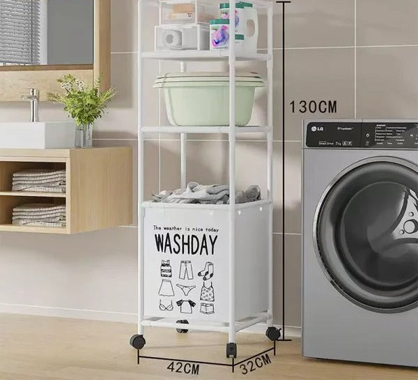 Compact Multilayers Storage Rack, Moveable Laundry Basket With Shelf, Multipurpose Organizer For Kitchen And Bathroom