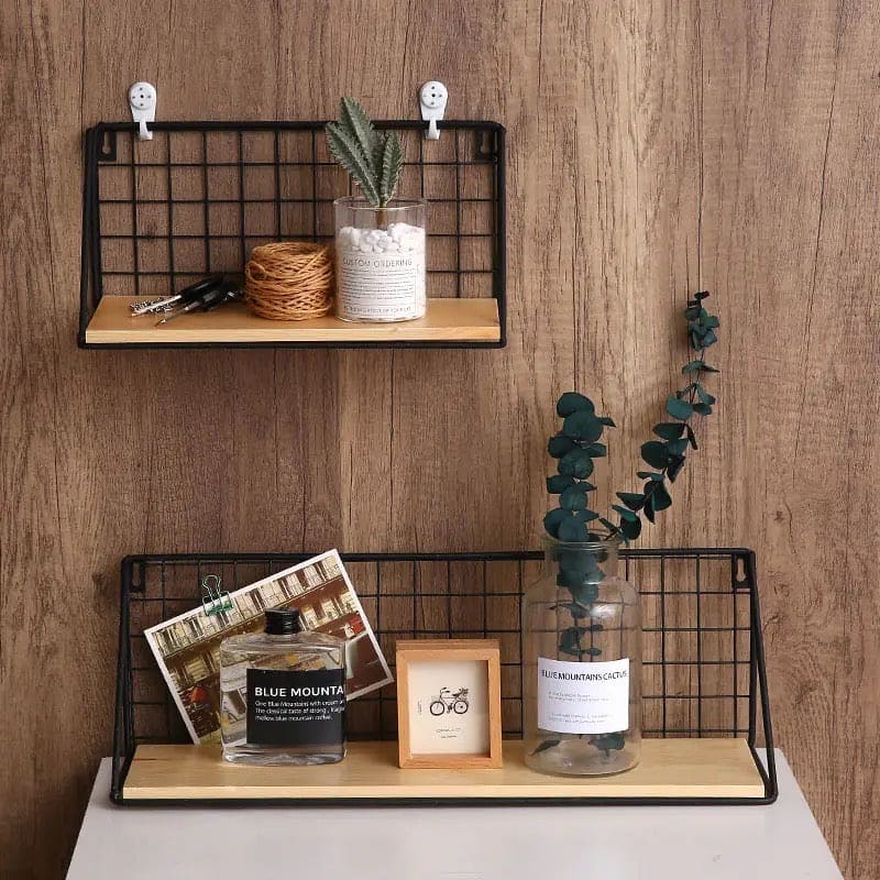 Set Of 2 Versatile Floating Wooden Shelf, Nordic Style Iron Wall Dormitory Stand, Multipurpose Home Organization Rack, Iron Kitchen Bathroom Shelf, Black Wire and Natural Wood Shelf, Home Decorative Hanging Grid Basket, Wall Art Shelve Flower Pot Stand
