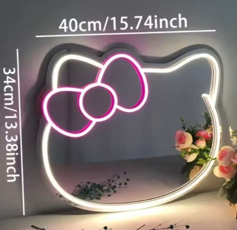 Hello Kitty Vanity Makeup Mirror with Soft Glow Light, Cute Kawaii LED Makeup Mirror, Decorative Hello Kitty LED Vanity Mirror, Kawaii Desktop LED Mirror with Cute Bow Design