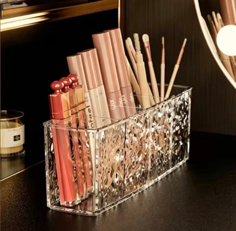 4 Grid Makeup Brush Pen Holder, Multi Compartment Rippled Divided Storage Box, Acrylic Makeup Brush and Cosmetic Holder, Makeup Brush Organizer