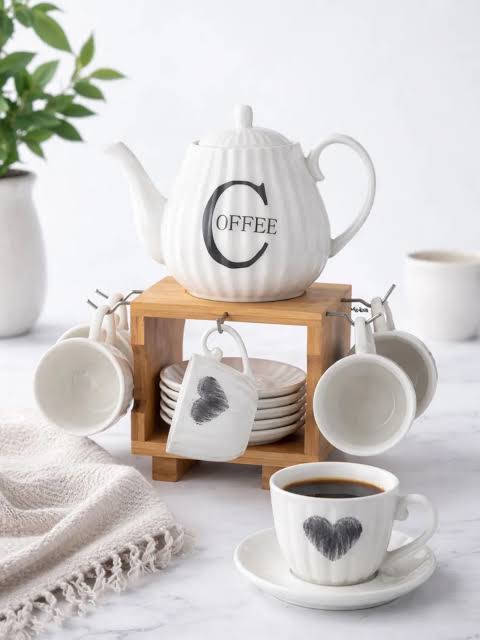 6pcs Ceramic Tea Cup Set with Wooden Stand, Elegant Ceramic Cup & Saucer Set, Ceramic Tea Set with Wooden Stand
