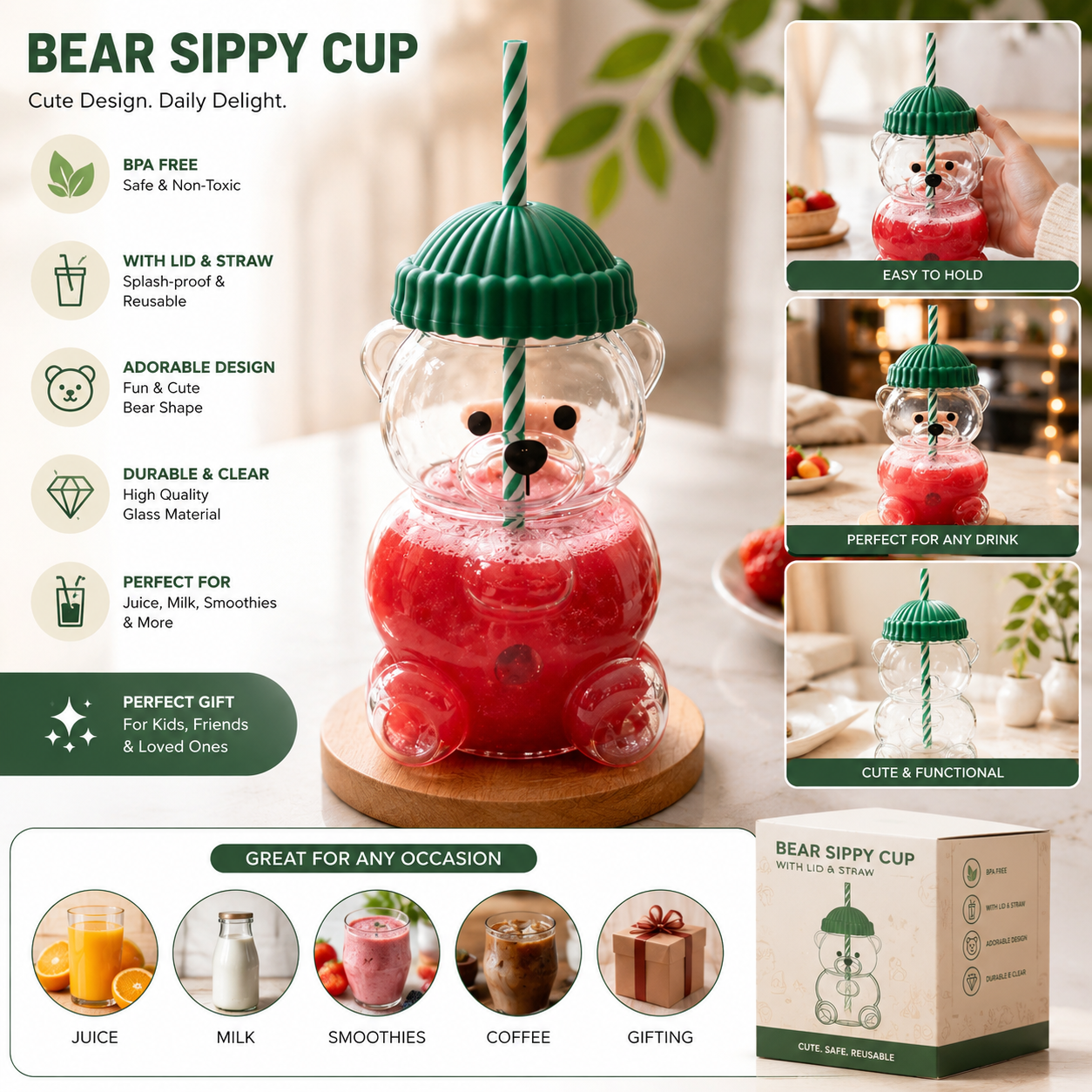 Bear Shape Glass Cup With Straw, Bear Shape Beverage Cup, Bear Smoothie Cup With Straw, Bear Drinking Cup With Lid And Straw