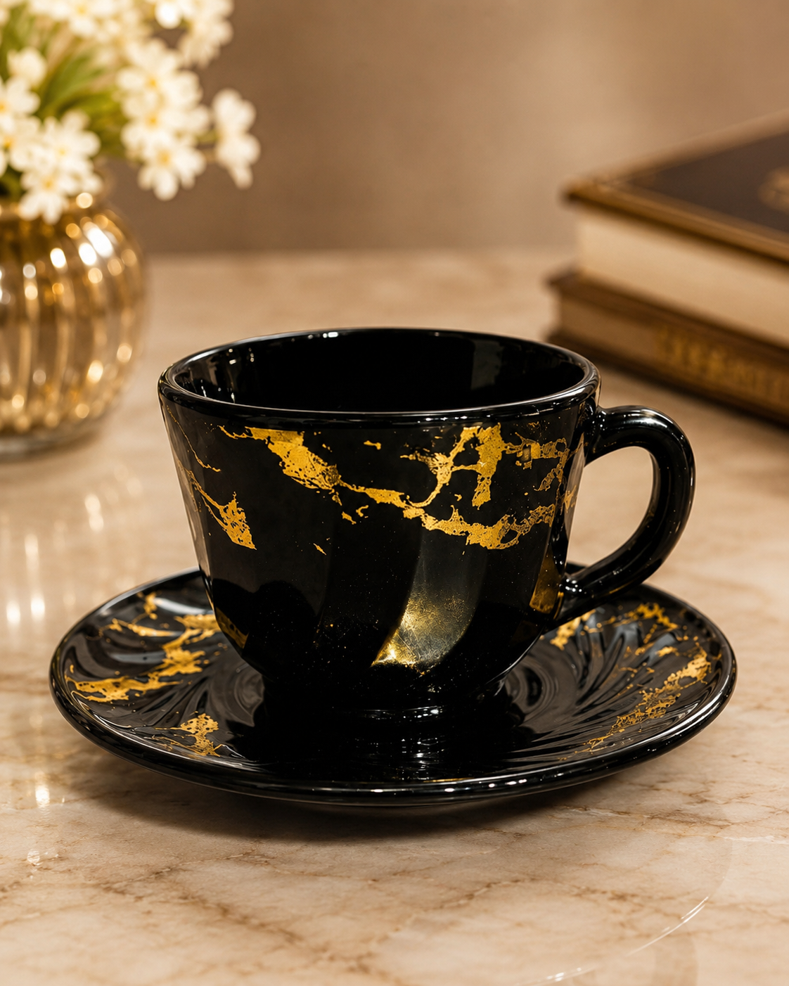Elegant 6Pcs Tea Cup With Saucer Set, Golden Crackle Design Tea Cup Set, Insulated Coffee Mug, Coffee Glass