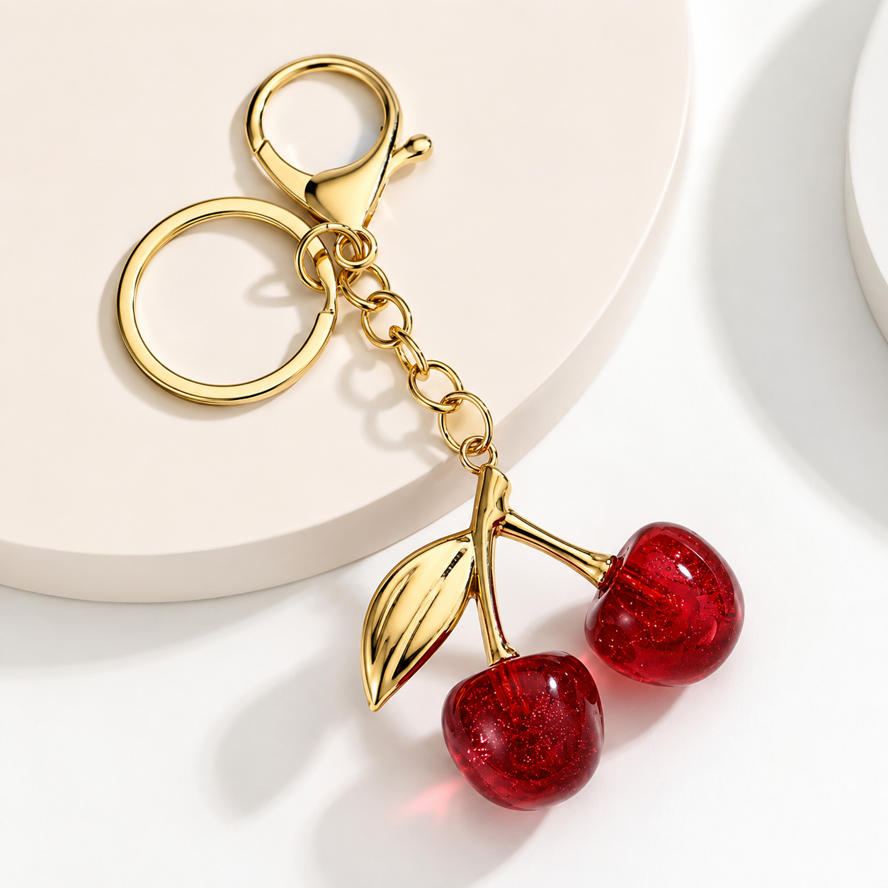 Acrylic Cherry Blossom Keychain, Elegant Gold Cherry Keychain, Fashion Cherry Bag Accessory, Glitter Cherry Charm Keychain For Handbags