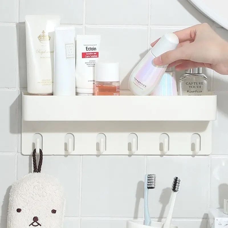 Shower Caddy Basket With Hooks, Wall Mounted Floating Shelf, Multipurpose Countertop Basket, Bathroom Kitchen Storage Rack, Self Adhesive Storage Rack With Hook, Nordic Kitchen Bathroom Rack