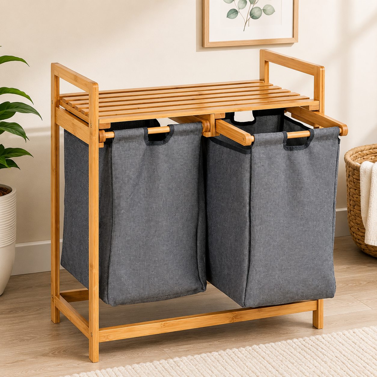 Dual Compartment Laundry Organizer Rack, Wooden Frame Laundry Hamper Organizer, Household Double Section Laundry Hamper