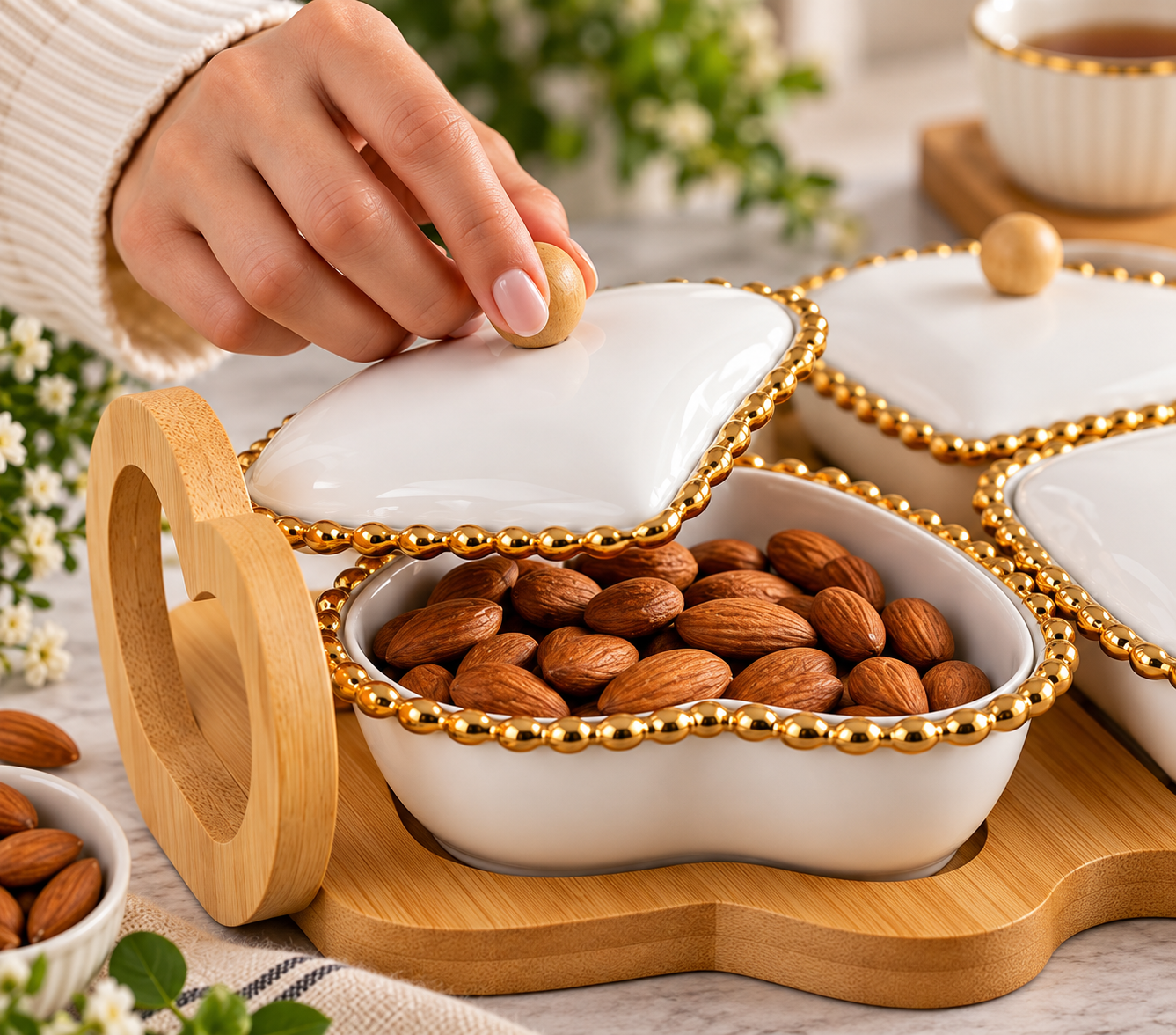Heart Shaped Ceramic Serving Bowl Set, Elegant Gold-Trim Heart Bowl Set, Bamboo Heart Serving Tray with Ceramic Bowls