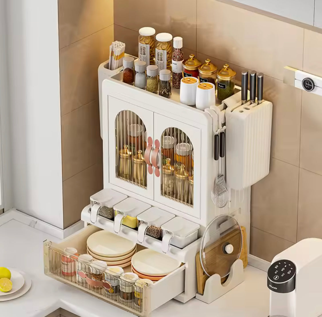 Multifunctional Arched Door Kitchen Organizer with Drawer, Dual Door Kitchen Seasoning Spice Organizer, Kitchen Spice Rack Organizer with Knife Holder & Storage Cabinet, Knife Holder