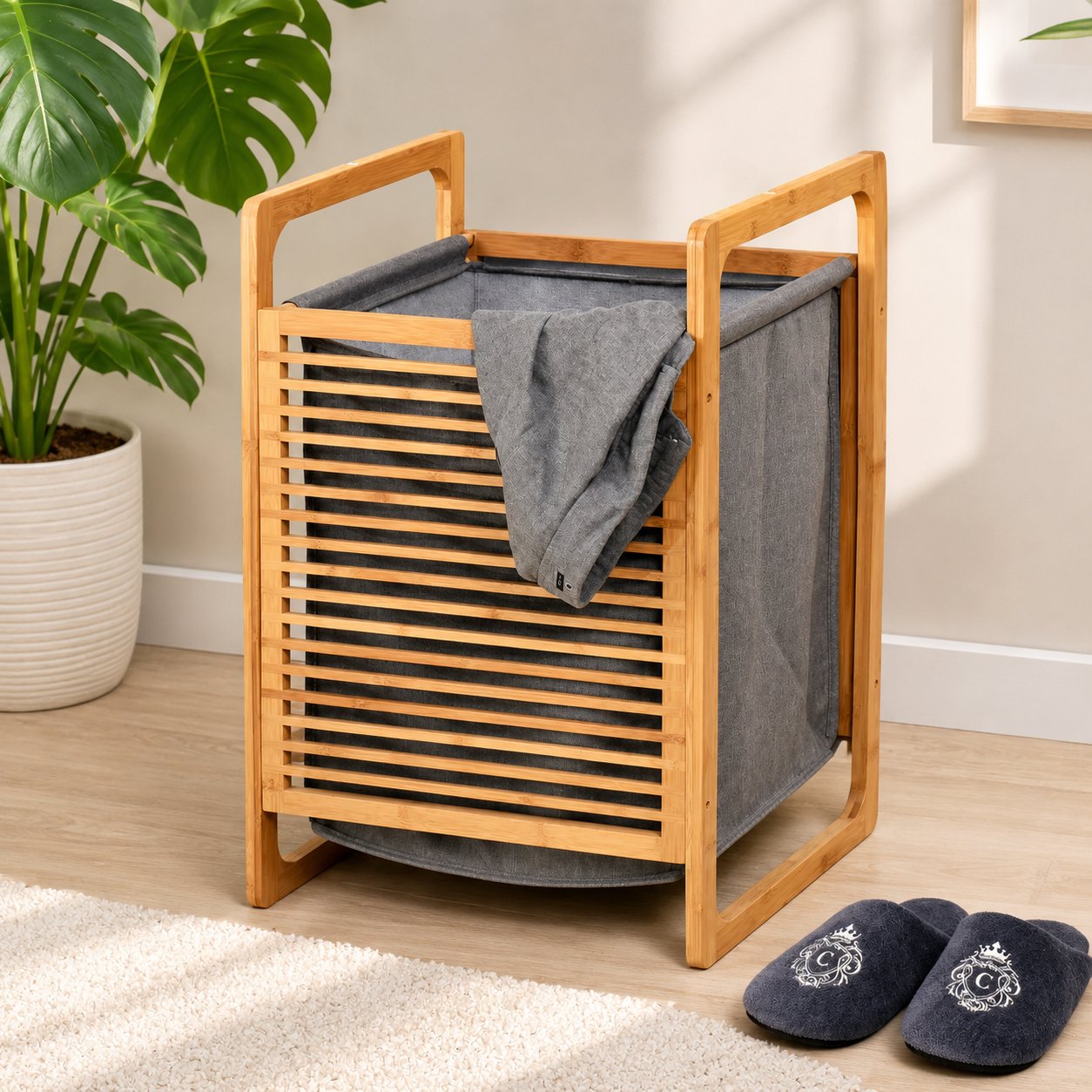 Nordic Style Laundry Hamper, Space Saving Laundry Hamper Bin, Household Bamboo Laundry Bin, Laundry Hamper With Removable Fabric Liner
