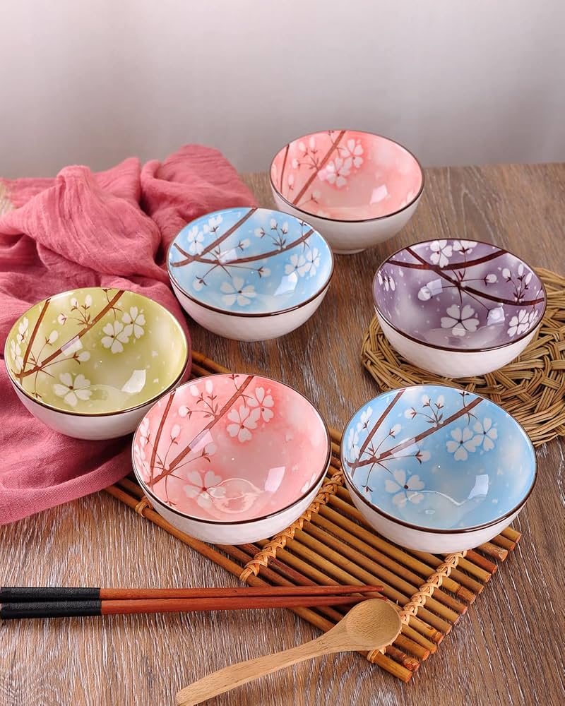 Set of 6 Ceramic Serving Bowls, Japanese Ceramic Rice Bowl, Dinnerware Bowls Gift Set, Floral Ceramic Bowl Set