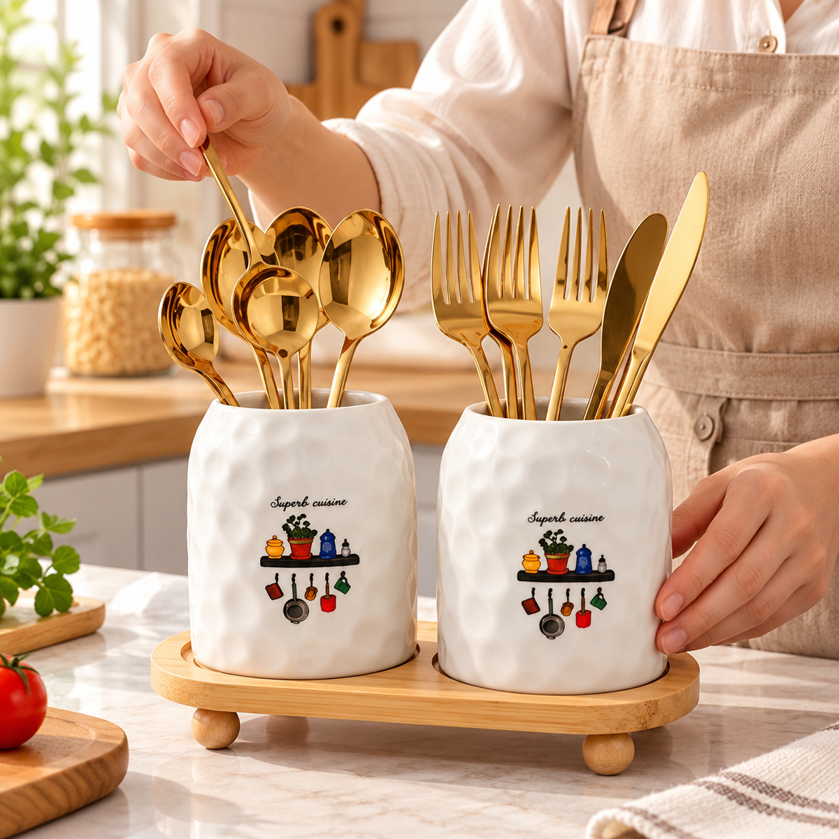 2pcs Ceramic Utensil Organizer Set, Ceramic Kitchen Tool Holder with Wooden Base, Double Cup Kitchen Utensil Stand