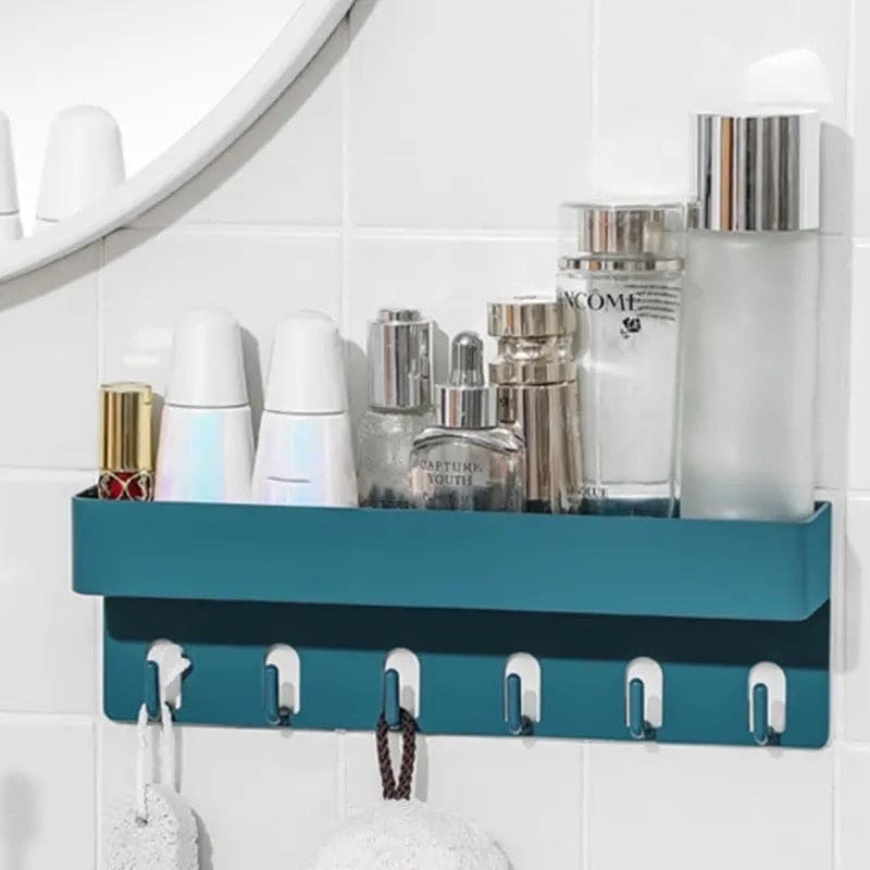 Shower Caddy Basket With Hooks, Wall Mounted Floating Shelf, Multipurpose Countertop Basket, Bathroom Kitchen Storage Rack, Self Adhesive Storage Rack With Hook, Nordic Kitchen Bathroom Rack